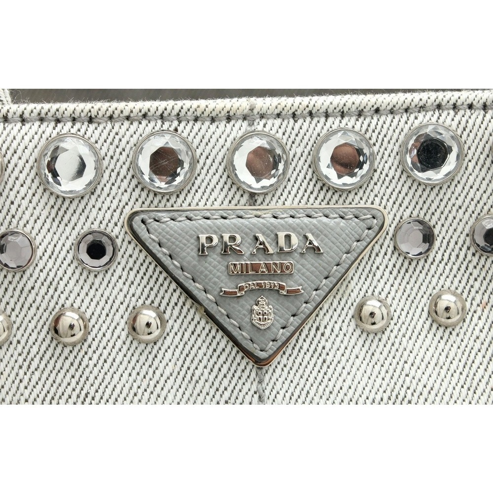 Prada Bijou Canapa Blue Denim Tote Bag Handbag Studded - Picture 9 of 9
